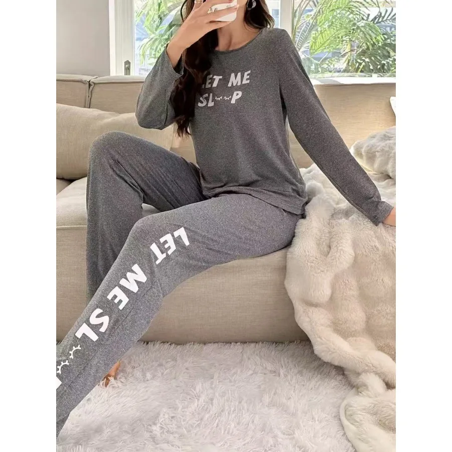 

Womens Pajamas set Ladies Spring/Summer Alphabet Print Crew Neck Top Wide Leg Pants Loungewear Set