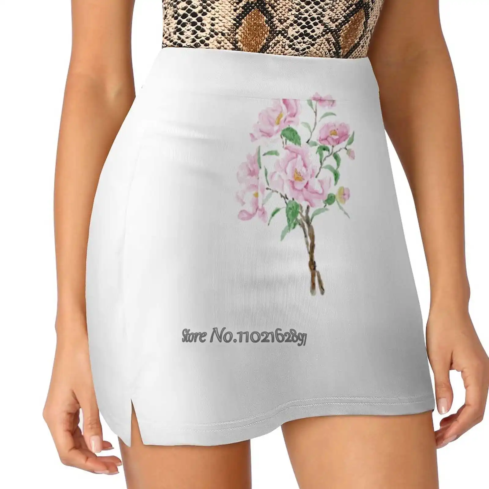 

Pink Flowers Watercolor Painting Women Tennis Skirts Golf Badminton Pantskirt Sports Phone Pocket Skort Pink Flowers Flower