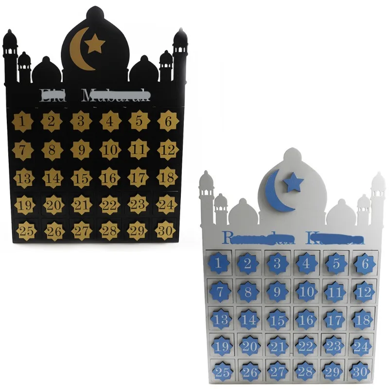 Wooden Castle Moon Star Countdown Calendar Black White Ramadan Eid Decor Desktop Ornament for Middle Eastern Festival
