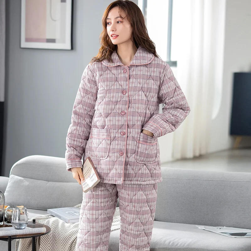 Winter New 3 Layers Knit Cotton Quilted Pajamas Set Casual Women Sleepwear Nightwear Thick Female Lapel Cardigan Warm Home Wear
