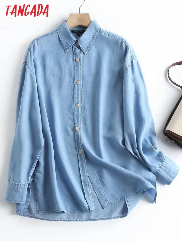 Tangada 2023 women denim cotton shirt blouse long sleeve chic female office lady loose tops 4C169