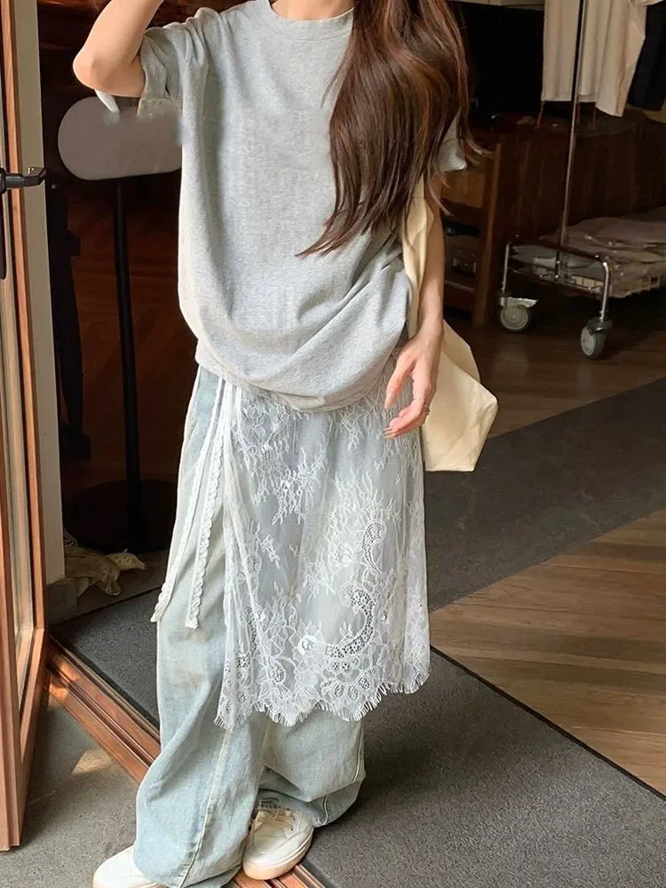 Skirts Women Lace Drawstring Design Elegant Korean Style Spring Summer A-line High Waist Irregular Side Slit Fashion Street