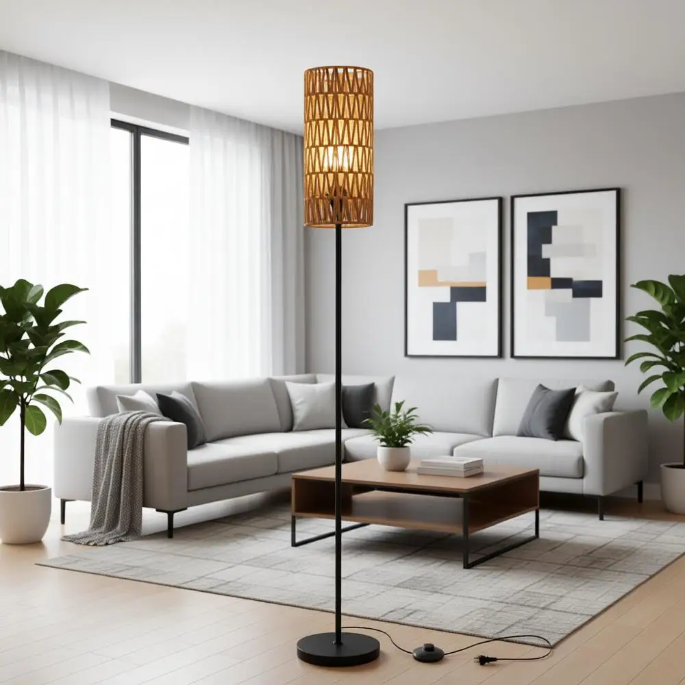 

Floor Lamp with Hand-Worked Rattan Shade, Black Tall Lamp with Foot Switch, LED Bulb Included.