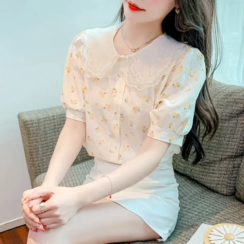 Chic Summer Floral Print Chiffon irt Women's Faionable Doll Collar ort Sve Ele Top Korean Sle Bubble Sve