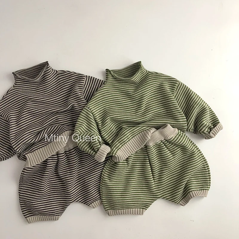 2024 Autumn New Children Long Sleeve Striped Sweater Set Boys Girls Knit Sweater Kids Knitwear Clothing Suit Baby Knit Outfits