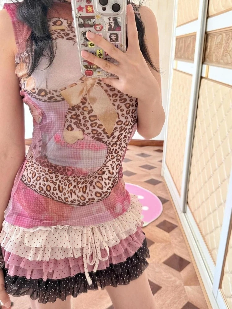 Y2K Abby Polka Dot Color Print Skirt Millennium Spice Cake Skirt Summer Drawstring Low Waist Slim A-line Skirt Women 2026 New