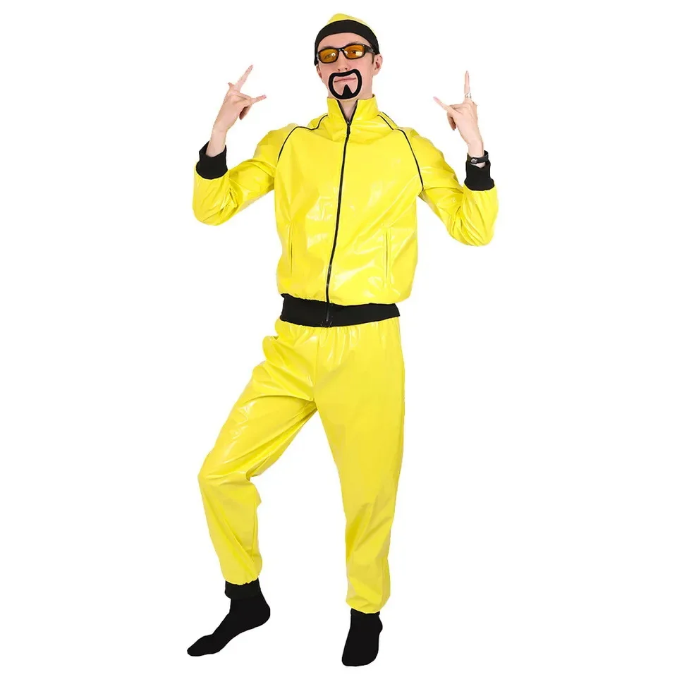 Men Hip Hop Punk Fancy Outfit 90s Rapper Style Patent Leather Shiny Mirror Costume for Nightclub Carnival Party Show Photo