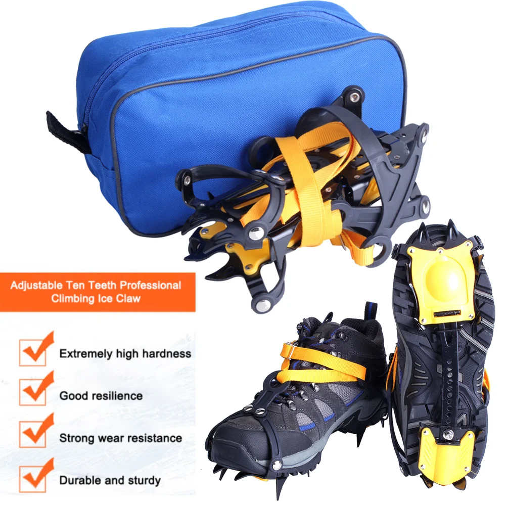 Empuñaduras de nieve de 10 dientes de acero inoxidable, Crampones antideslizantes con bolsa de transporte, correas PA de nailon engrosadas ajustables para senderismo y escalada