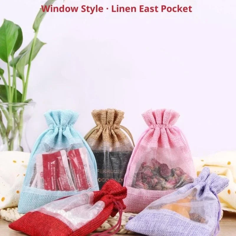 2Pcs Durable Burlap Drawstring Bags Organza Window Natural Jute Gift Pouches for Wedding Favors Handmade Soap Packaging