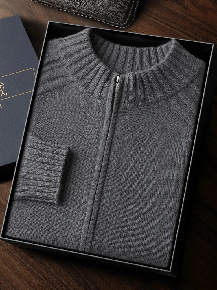 CHICUU Men's 100% Cashmere Sweater Mock Neck Thickness Zipper Cardigan Autumn Winter Luxury Design Cashmere Knitwear Warm Tops