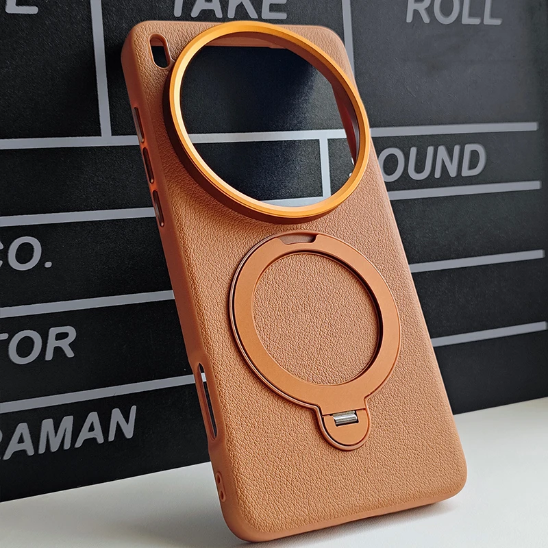 

Matte Vegan Leather Case For Vivo X200 X200s Ultra Metal Holder Stand Magentic Suction Shockproof Bumper Case Cover