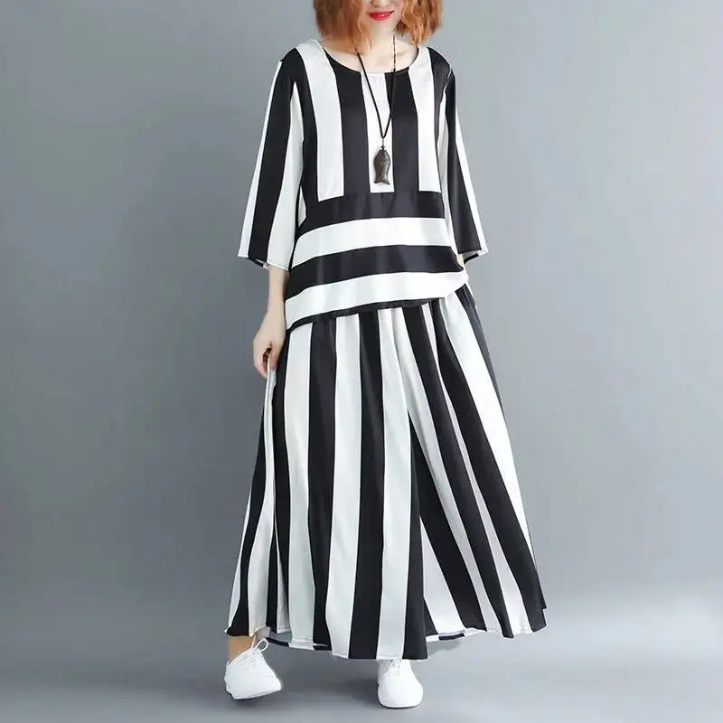 #2707 Vertrical Striped Two Piece Set Top And Pants Loose Korean Style Asymmetrical Shirt And Wide Leg Pants Women Half Sleeve