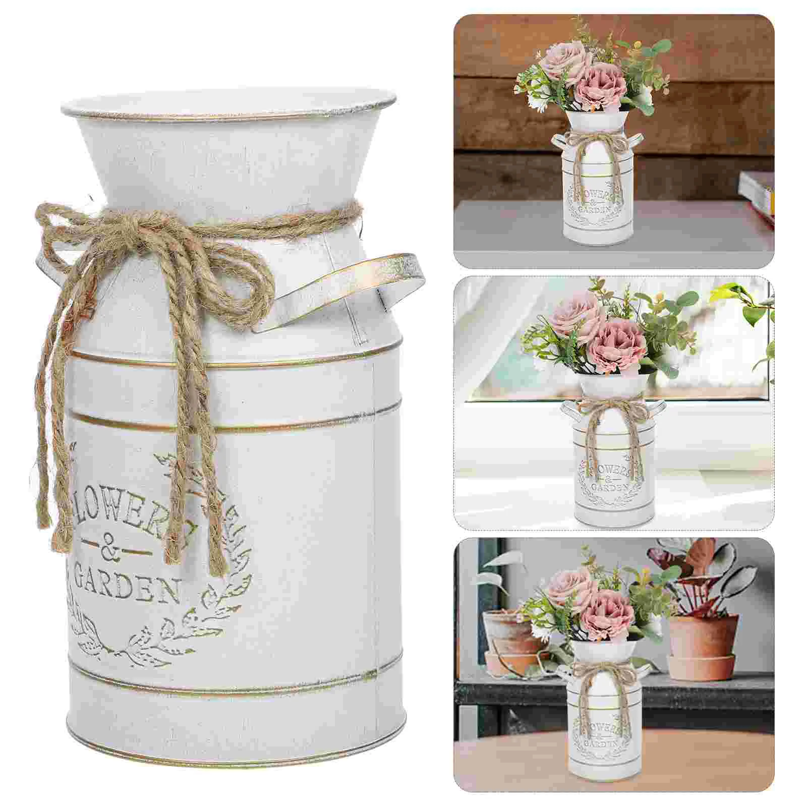 Tin Bucket Vase Metal Flower Pot Iron Rustic Decorative Planter Farmhouse Jug Pitcher Planters Vintage Cream