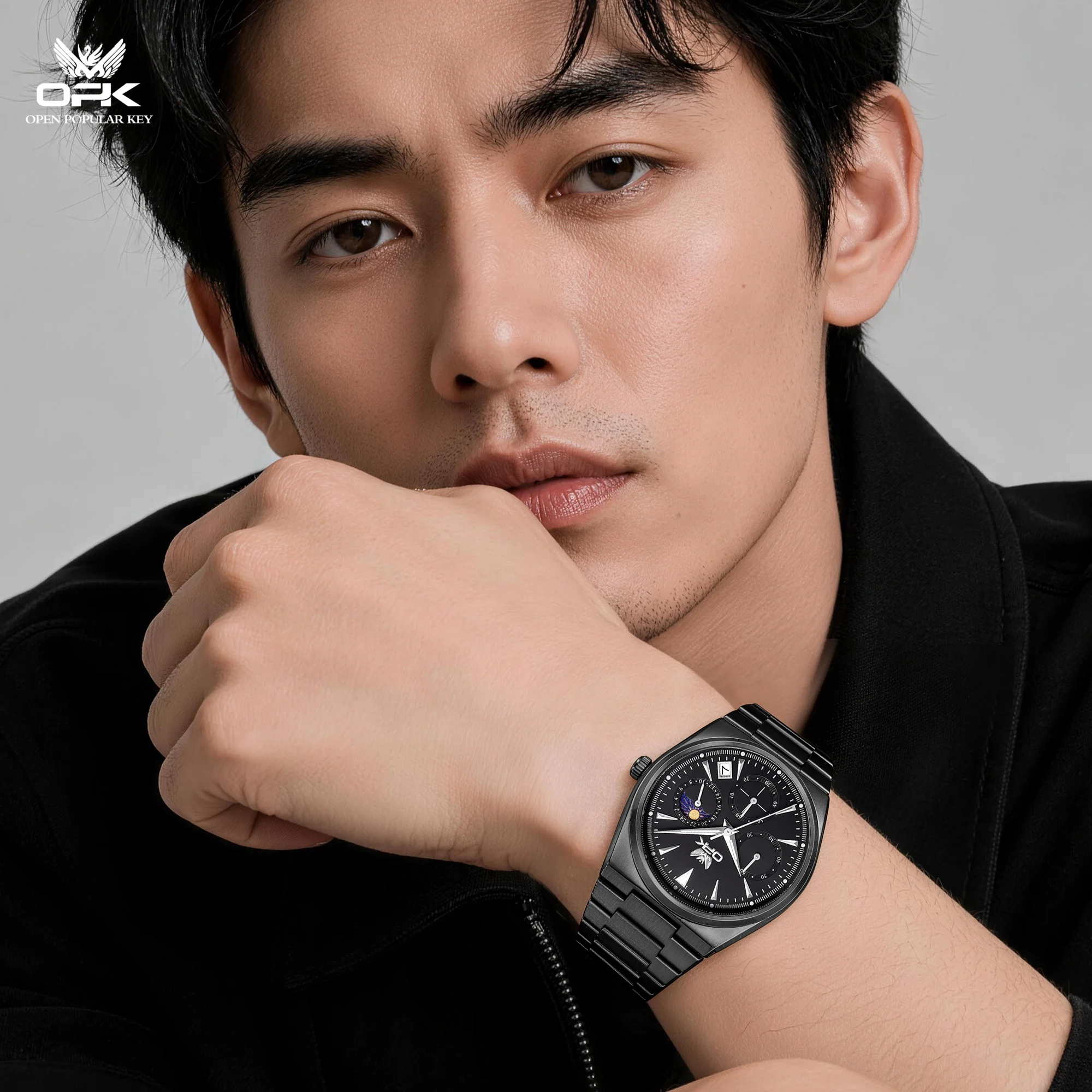 6117 OPK Men's Watch Brand Steel Band Multifunctional Moon Phase Single Calendar Quartz Night Light Waterproof Watch