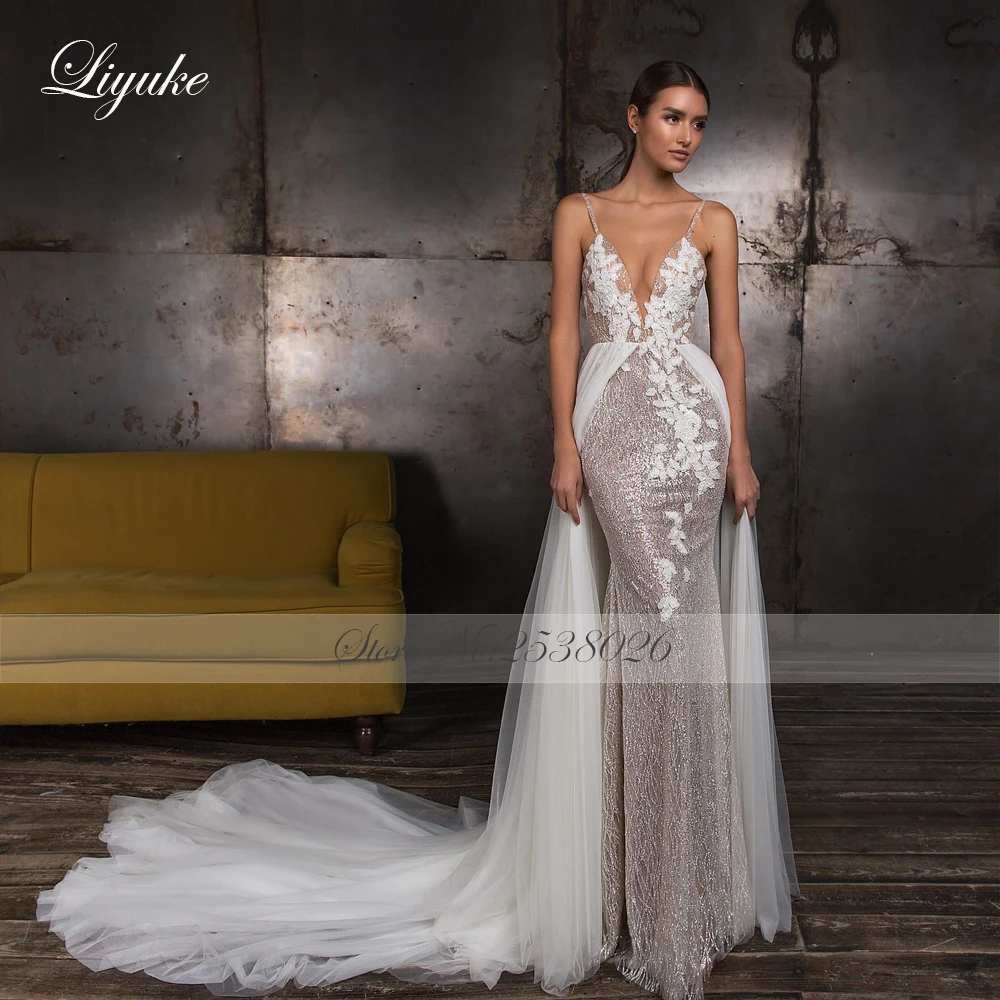 Liyuke Shiny Lace Deep V-Neck Mermaid Wedding Dresses Elegant Spaghetti Straps Appliques 2 In 1 Trumpet Bridal Gowns