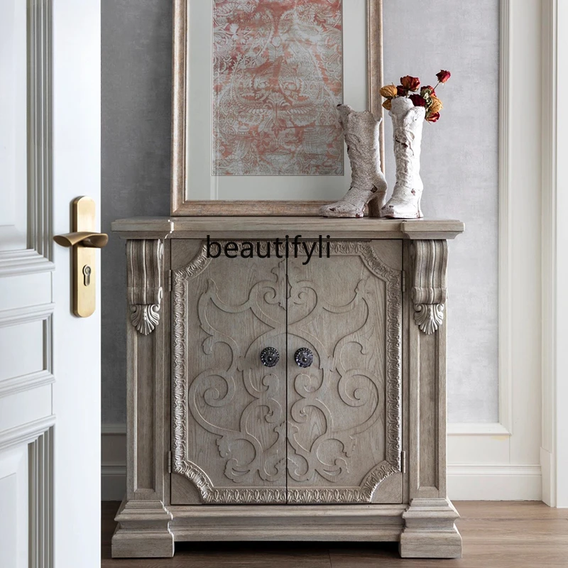 American Light Luxury Entrance Cabinet Vintage Gray Carved Shoe Cabinet French Country Distressed Furniture Solid Wood Sideboard