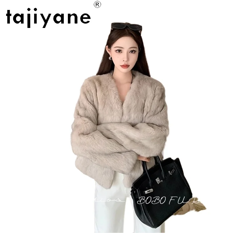TAJIYANE 100% アンゴラウサギ毛皮コート レディース Vネック 本物の毛皮ジャケット 冬服 女性用 2025 高級ファー ジャケット 女性用コート