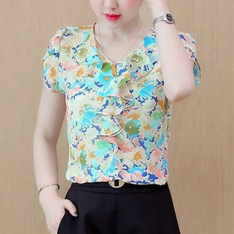 Stylish V-Neck Spliced Loose Printed Ruffles Blouse Women\'s Clothing 2023 Summer New Casual Pullovers Office Lady Chiffon Shirt