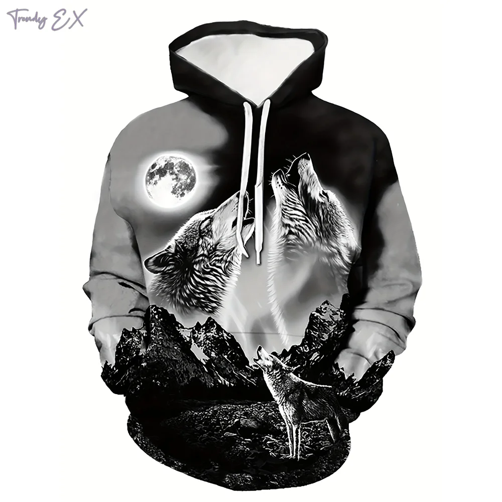 

New in Sweatshirts Fashions Wolf Print Design Pullover Sweatshirts Casual Graphic with Kangaroo Pocket Winter Fall Hoodie Men