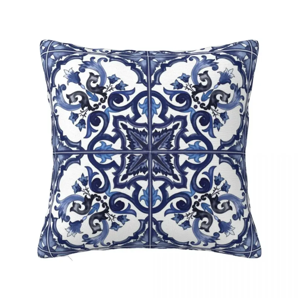 Blue Ornate Floral Mediterranean Sicilian Tile Square Pillowcase Pillow Cover Cushion Comfort Throw Pillow for Home Bedroom