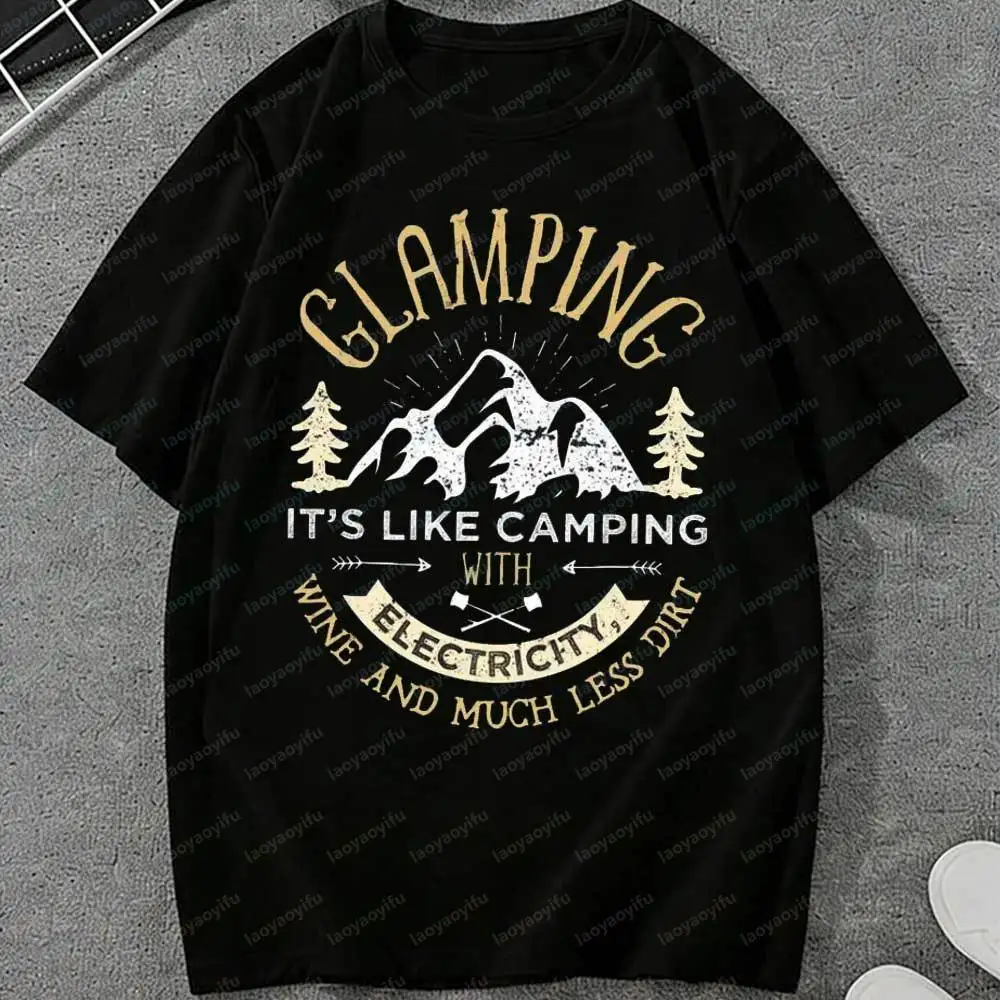 Vintage Glamping T-Shirt for Men Women Funny Camping Graphic Tee Outdoor Hiking Mountain Print Short Sleeve Tops Casual  Cotton