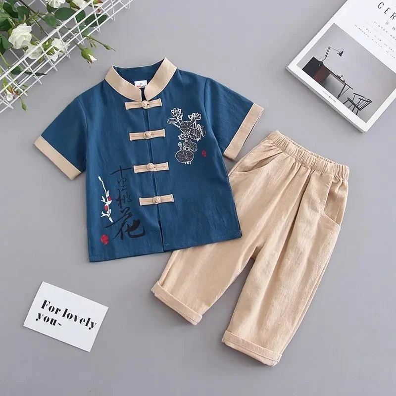 

Boys' Set Summer Cotton Hemp Short Sleeve Children's 2025 New Children's Baby Chinese Style Tang Suit Two Piece Set