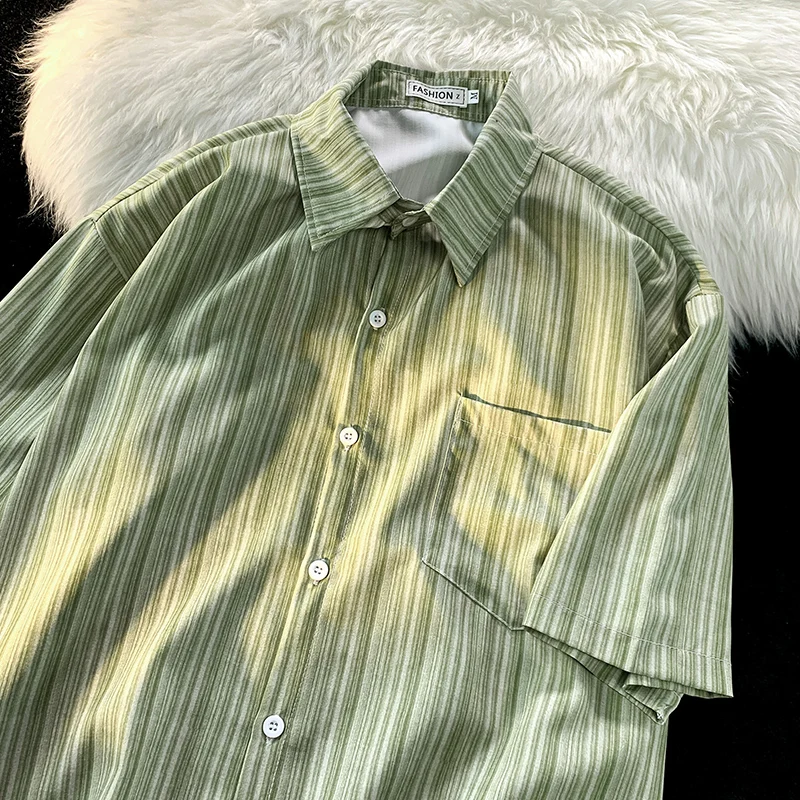 

Summer Thin Striped T-shirt Men New Japanese Retro Casual Loose Popular Half Sleeve Coats Handsome Versatile Solid Pocket Tops