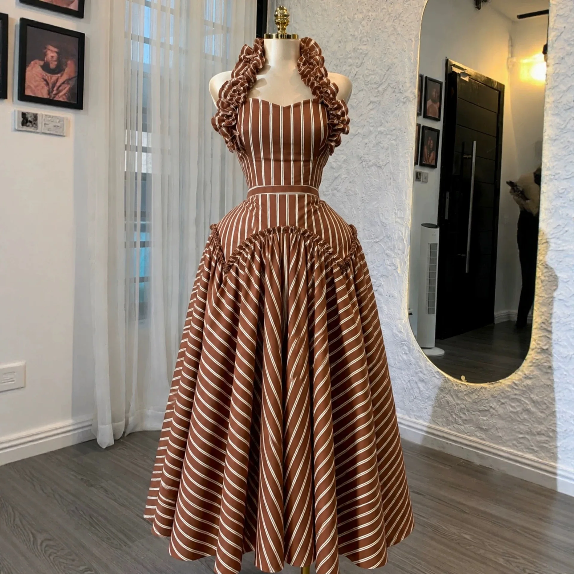 Women's 2026 Autumn. New Fashionable Elegant Ruffled Neckline Strip High-waisted Long Clothes Birthday Dress Femme Sexy Clothes