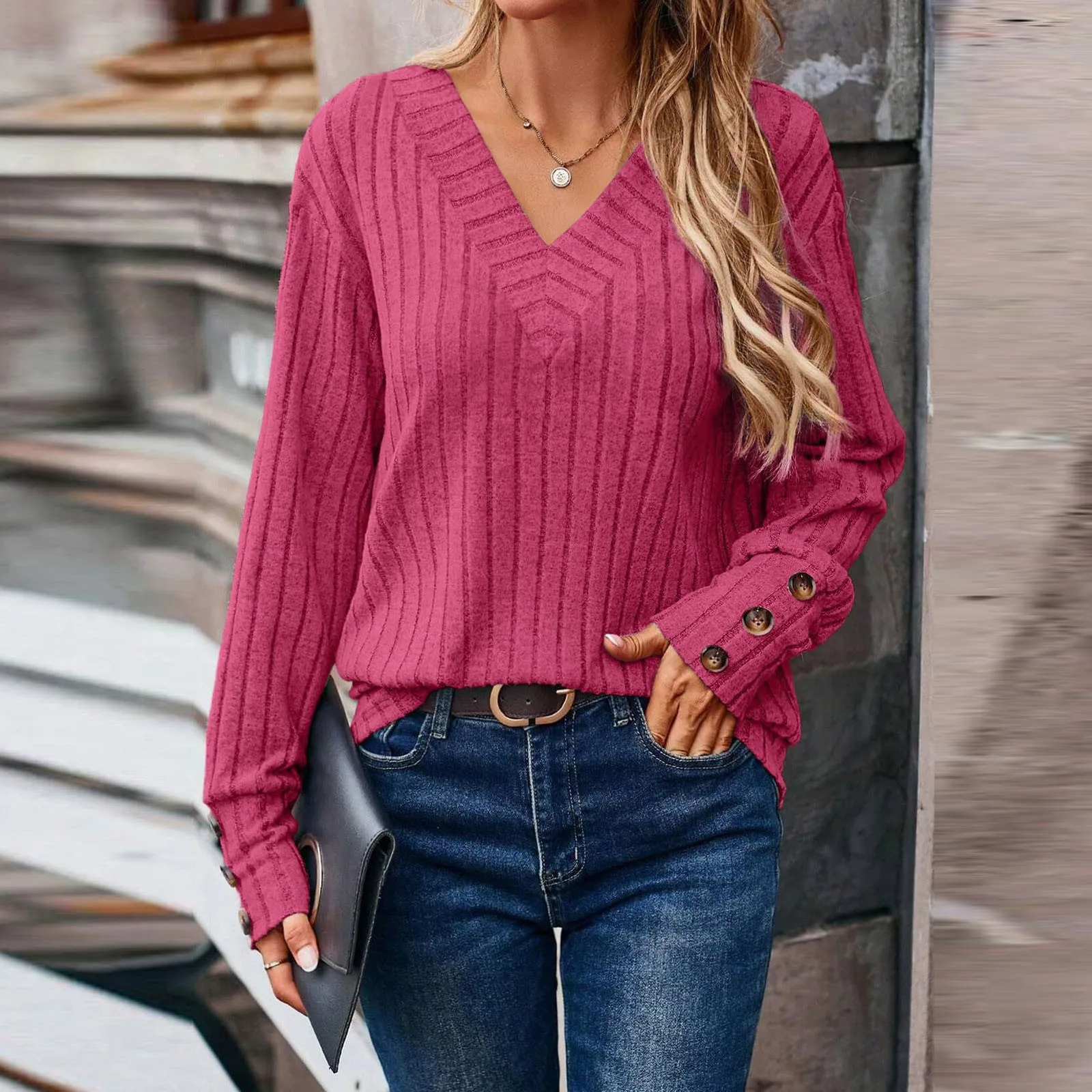 Camicia da donna autunno e inverno manica lunga con scollo a V bottone tinta unita elegante maglione femminile Top Pull Simple Chic Jumpers donna