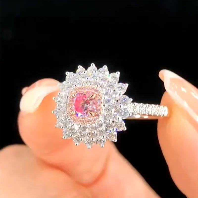 Solid pink lab grown diamond 14K White Gold Ring  LAB grown diamond Ring Engagement Ring Halo Style for Lady Gift