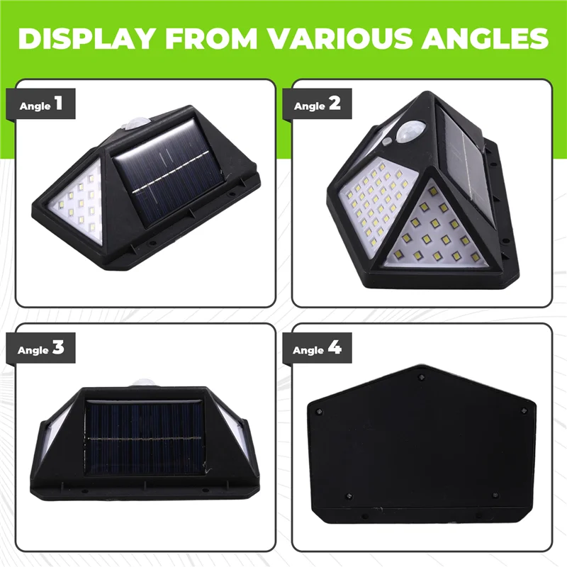 A38I Outdoor 100 LED Solar Security Lights With 3 Modes Motion Sensor For 270° Wide Angle Illumination