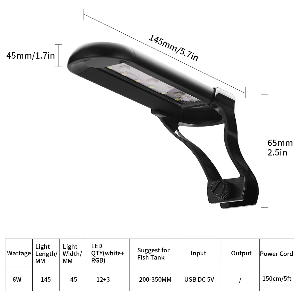 USB Mini Aquarium LED Light Clip on Fish Tank Lighting, Small Grass Tank, Landscaping, 14 Colors