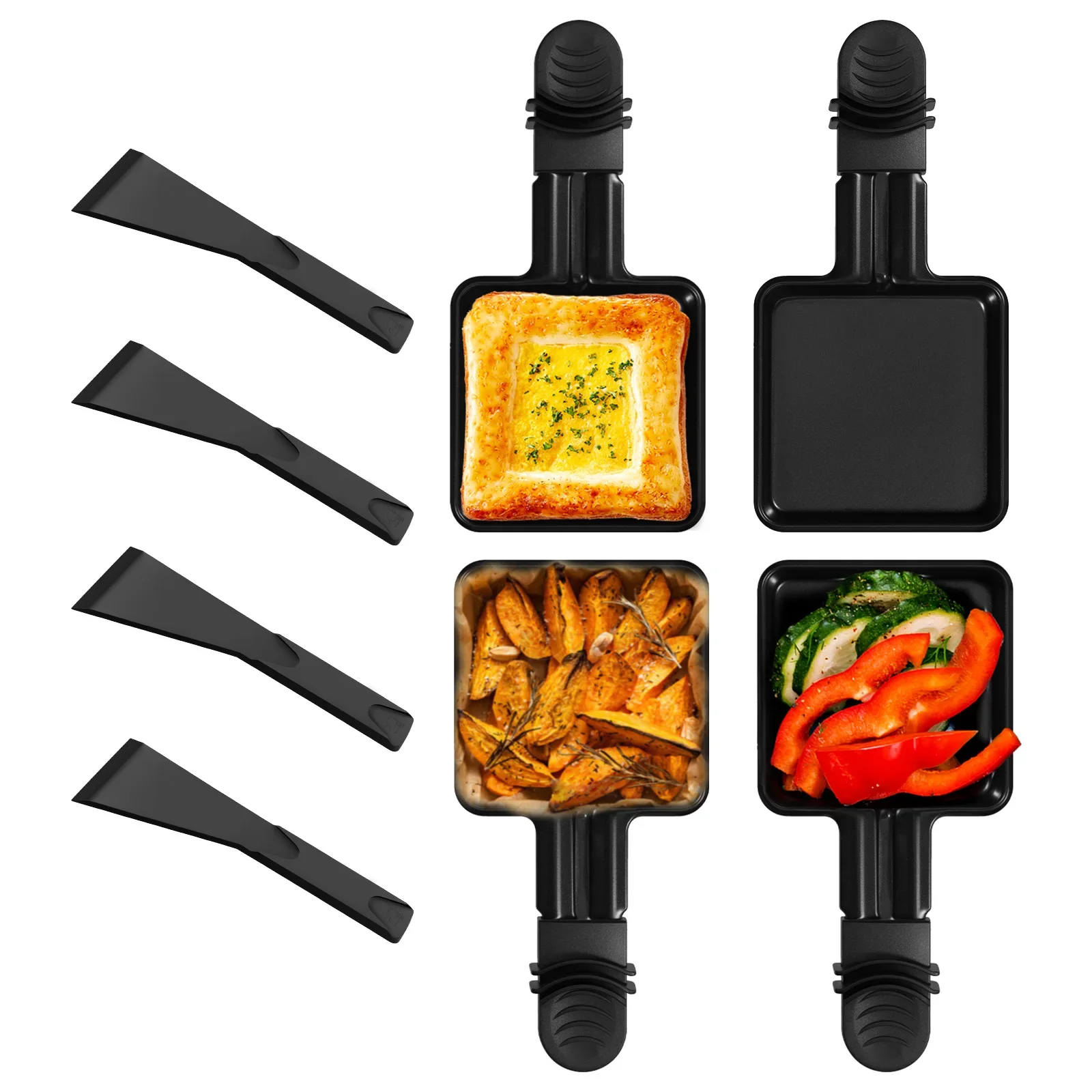 

4pc Square Shape Mini Raclette Grill Pans Handle Cheese Melt Pan Non-Stick Stainless Steel BBQ Cooking Pans Eggs Cheese Melt Pan
