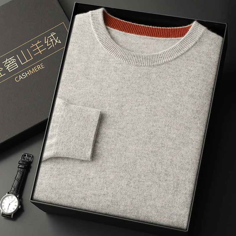 เสื้อไหมแคชเมียร์แท้ 100% สำหรับฤดูใบไม้ร่วง/ฤดูหนาว รุ่นใหม่ เสื้อสเวตเตอร์ถักสีพื้นสำหรับผู้ชาย สไตล์ลำลองธุรกิจ คอกลม เสื้อกันหนาวอุ่น