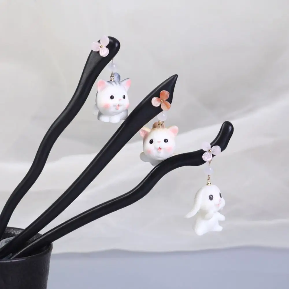 Retro Cat Wooden Hair Stick Ebony Wood Rabbit Hanfu Hairpin Hanfu Headwear Hair Sticks for Buns Chinese Style Headwear For Girl