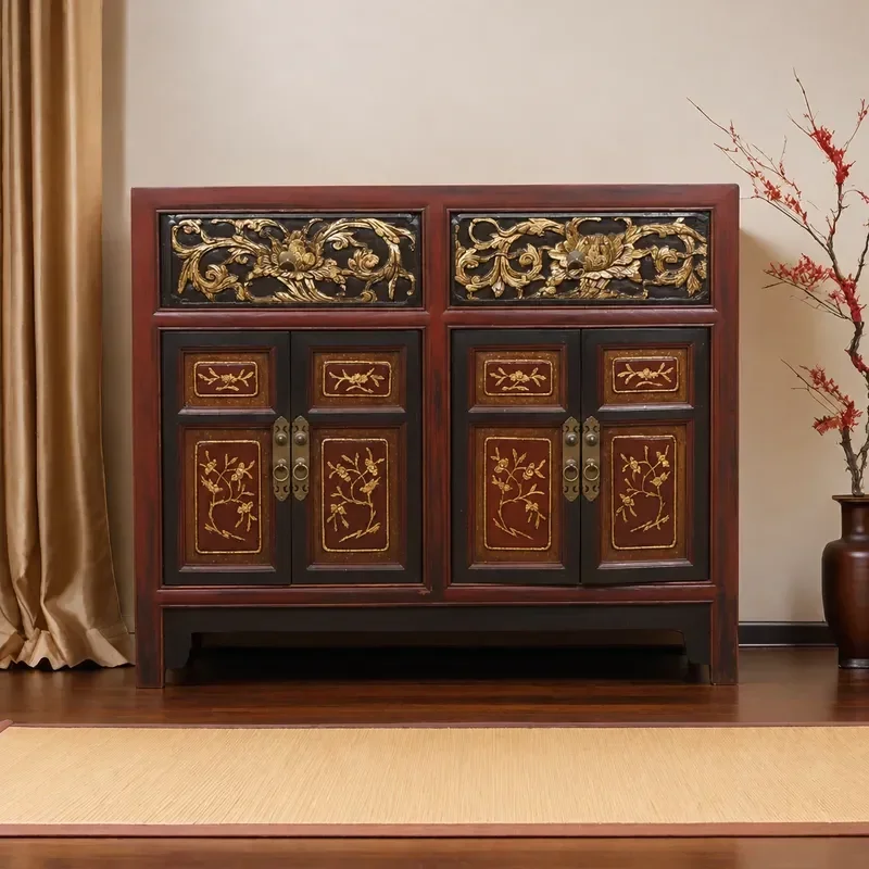 Ming and Qing Style Antique Furniture Vintage Red and Black Tea Cabinet Retro Gold Painted Study Storage Locker for Home