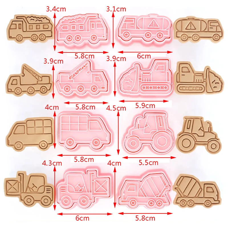 8 Pcs/set Engineering Truck Cookie Cutters Plastic 3D Cartoon Pressable Biscuit Mold Cookie Stamp Kitchen Baking Pastry Bakeware