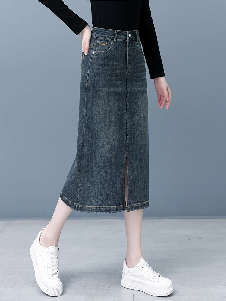

High Waist Slimming Mid-Length Denim Skirt Women's Spring Autumn 2023 New Style Straight Cut One-Step Wraparound Skirt