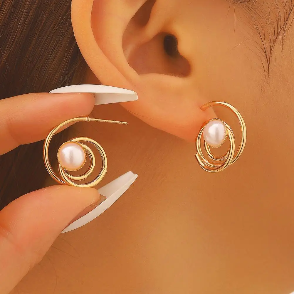 

1 Pair Golden Plated Earrings Hollow Spiral Design Faux Gemstones Inlaid Electroplated Earrings Jewelry Accessories