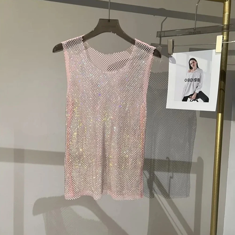 2026 Summer New Men's Rhinestone Sleeveless Mesh See-Through Vest American Fashion Trendy Street Loose Casual Niche Men's Top