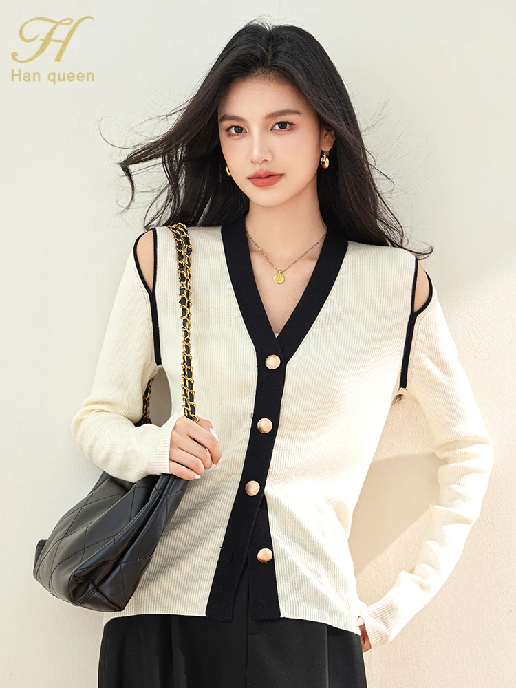 

H Han Queen Autumn Basic Women Cardigan Sweaters Elegant Knitting Vintage Work Casual Tops Korean Long Sleeve Loose Sweater