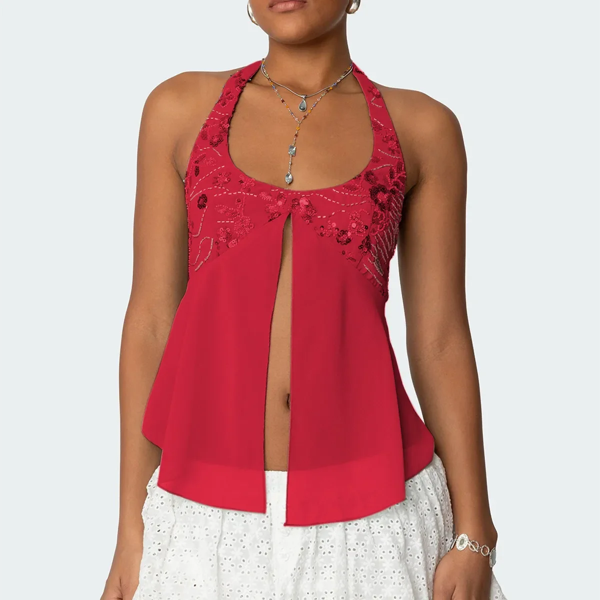 Top da donna in chiffon con paillettes Halter Top Fashion Mesh Splicing senza maniche Backless Split Slim Fit Top Lady Summer Beach Top