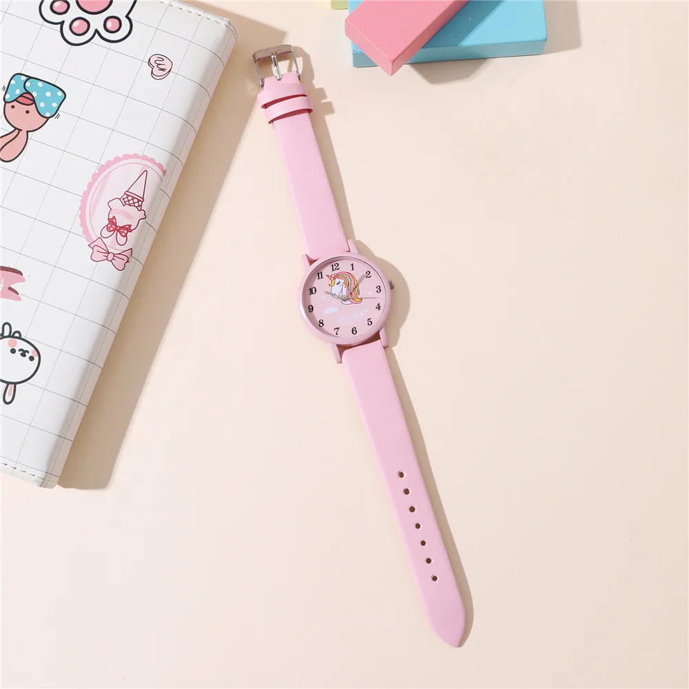 cute pink pu leather band unicorn Children\'s cartoon watch