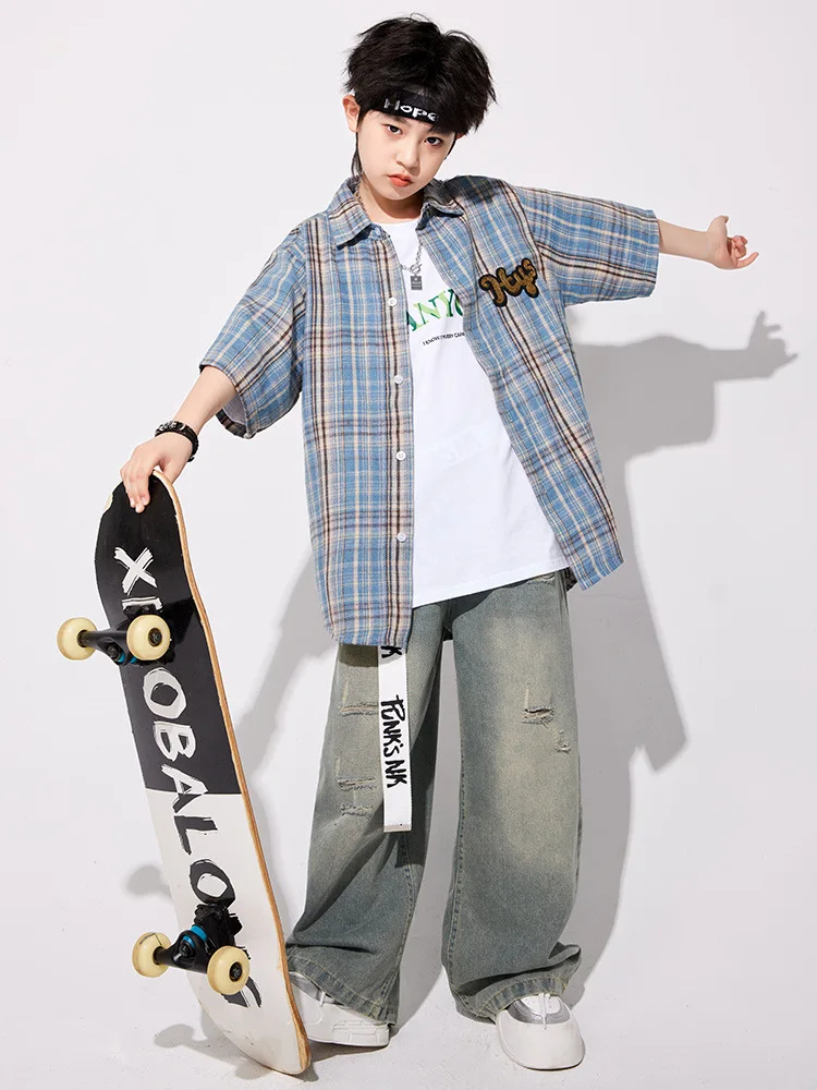 Stroje Hip Hopowe Japońska Krata Koszula Vintage Podarte Jeansy Dziewczęce Zestawy do Tańca Ulicznego K-pop Chłopięca Odzież Streetwear Kostiumy Jazzowe dla Dzieci