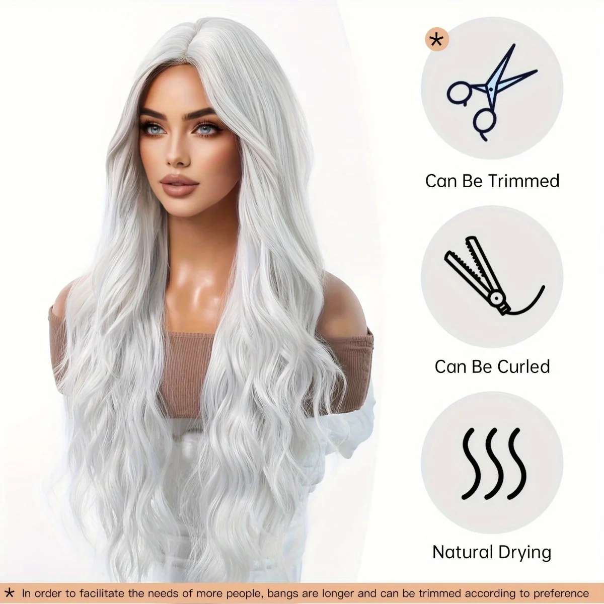 Anxin Brand Synthetic Fiber Wig: Silver-White Natural Large Wavy Long Curly Hairstyle, Hair Strands Are Smooth and Shiny, Texture Is Dynamic and Lightweight; Made of High-Quality Synthetic Fiber Material, Comfortable to Wear, Skin-Friendly and Easy to Care For; Suitable for Adult Women's Daily Fashion Styling, Eye-Catching Party Outfits, Cosplay Character Recreation, Gothic/Retro Themed Outfits, a Trendy Item