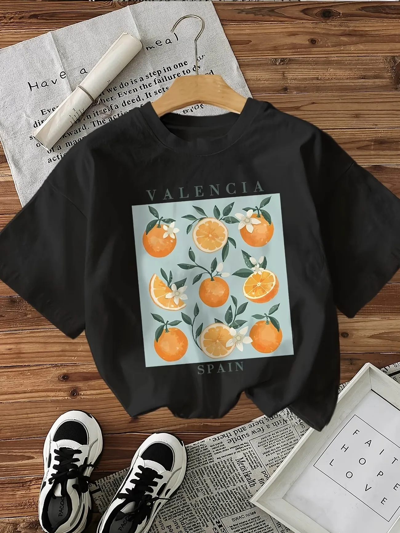 Camiseta de manga corta con cuello redondo y estampado naranja para mujer, ropa de moda de algodón, camiseta gráfica de Valencia España, ropa de mujer de manga corta