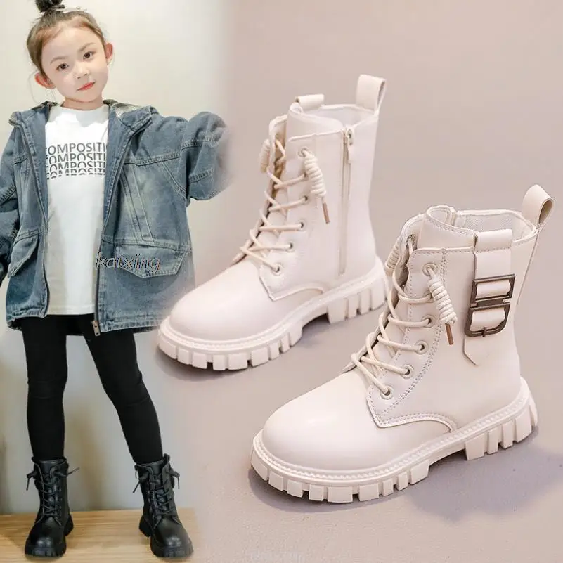 Kids Long Boots Fashion Black Pu Leather Boys Girls Autumn Boot Side Zipper Mid-calf Chic Children\'s Autumn Winter Flat Shoes