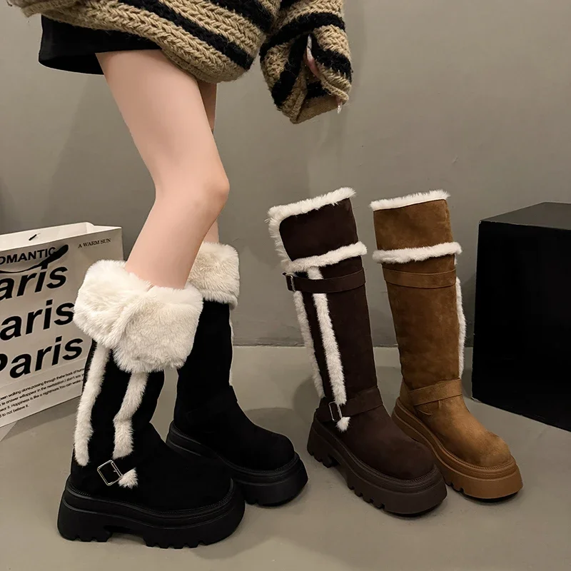 

Vintage Platform Thick Heel Women Knight High Boots Fashion Slip On Party Shoes Autumn Winter Warm Short Plush Slim Long Botas