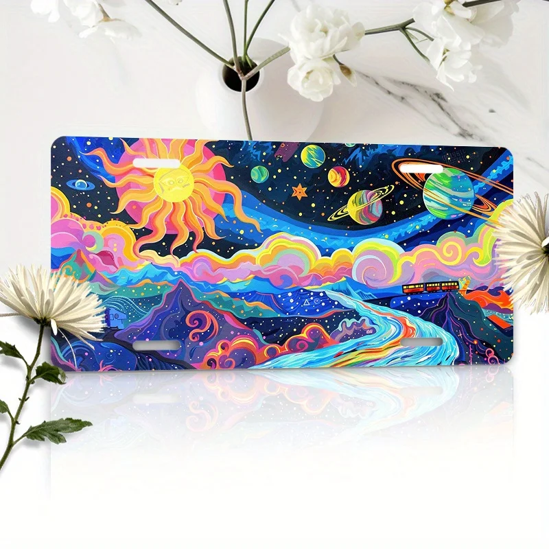 2D Flat, FLAT Vivid Space-Themed License Plate Frame - Colorful Planets, Stars,Nebula Design for Front or Rear License Plate