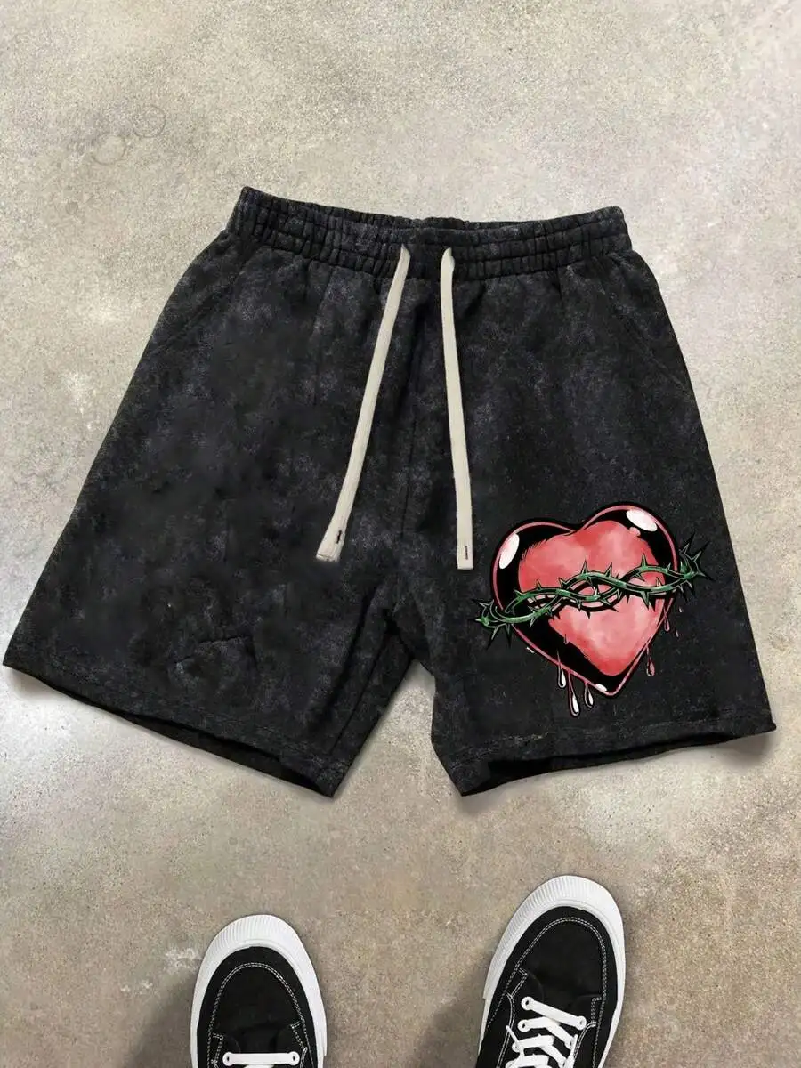 

Gothic Heart Print Washed Drawstring Shorts Men Loose Fit Elastic Waist Casual Streetwear